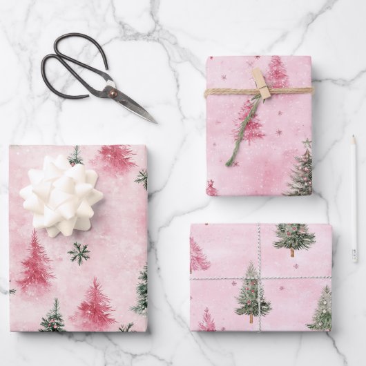 Pink Green Christmas Trees Geschenkpapier Set (Vorderseite)
