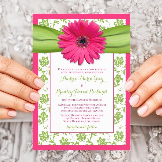 Pink Green Daisy Floral Damask Einladung Hochzeit