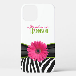 Pink Green Daisy Zebra Print Personalisiert iPhone 12 Hülle