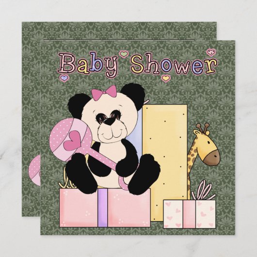 Pink Green Damask Teddy Bear Baby Girl Dusche Einladung (Vorne/Hinten)