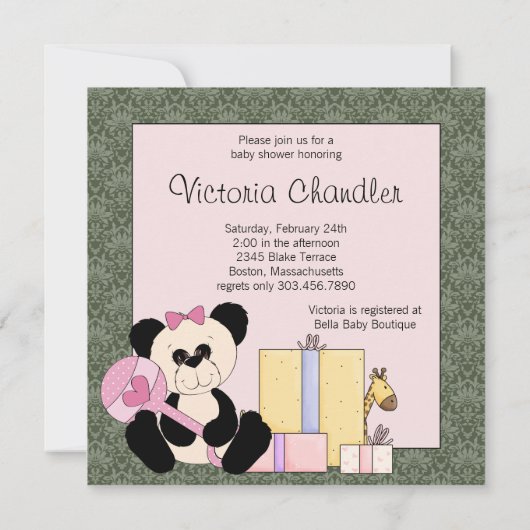 Pink Green Damask Teddy Bear Baby Girl Dusche Einladung (Rückseite)