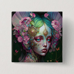 Pink Green Elf Fairy Woman Fantasy Art Button