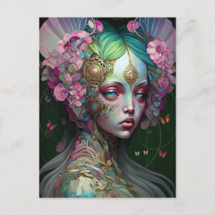 Pink Green Elf Fairy Woman Fantasy Art Postkarte