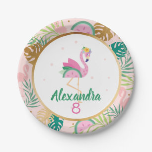 Pink Green Flamingo & Watermelon Tropisches Muster Pappteller
