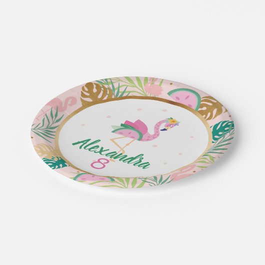 Pink Green Flamingo & Watermelon Tropisches Muster Pappteller (Schrägansicht)
