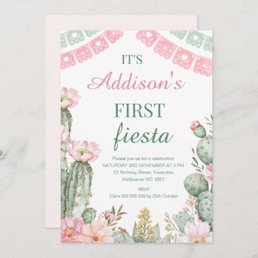 Pink Green Floral Cactus First Fiesta 1. Einladung (Vorne/Hinten)