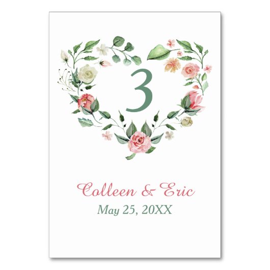 Pink Green Floral Herzkranz Tischnummer Karte (Vorderseite)