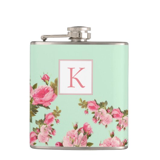 Pink Green Floral Monogram Bridesmaid Flask Flachmann (Vorderseite)