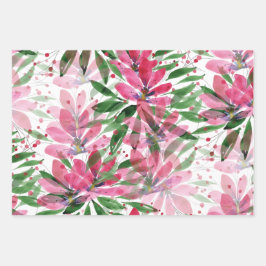 Pink Green Floral Muster Aquarellkunst Geschenkpapier Set