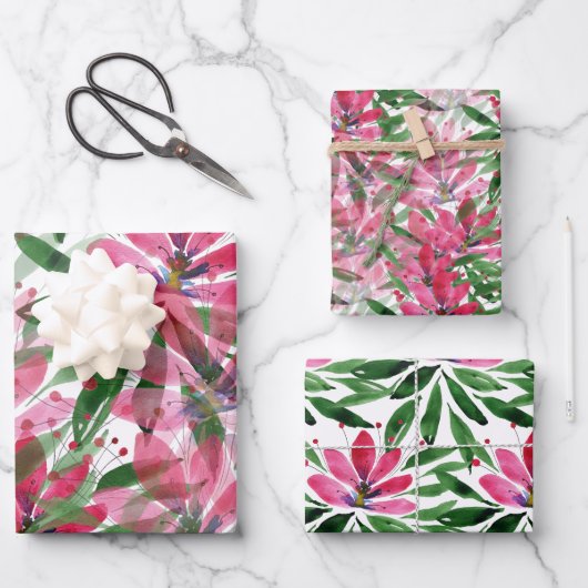 Pink Green Floral Muster Aquarellkunst Geschenkpapier Set (Vorderseite)