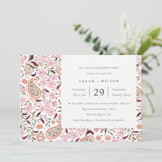 Pink Green Floral Paisley Verlobung laden Dankeskarte (Stehend Vorderseite)