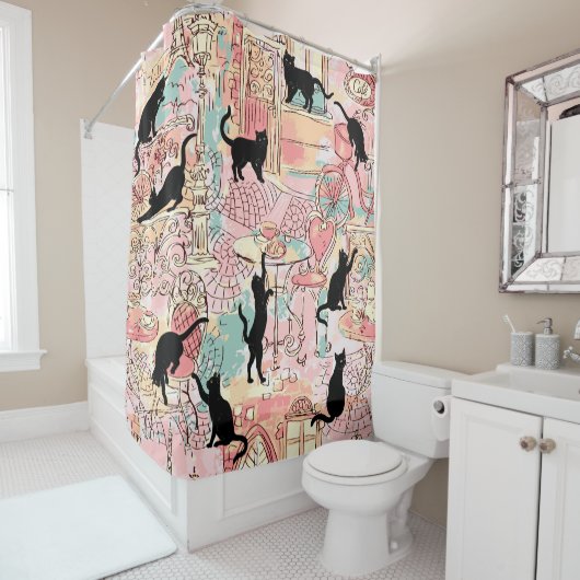 Pink Green French Cat Paris Café Dusche Vorhang (Beispiel)