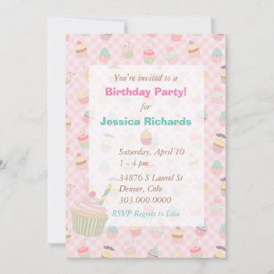 Pink Green Gingham Cupcake Birthday Party Einladung