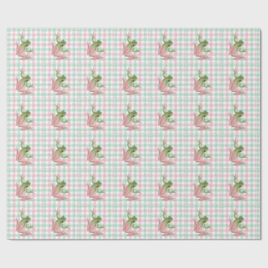 Pink Green Gingham Frosch Geschenkpapier (Flach)
