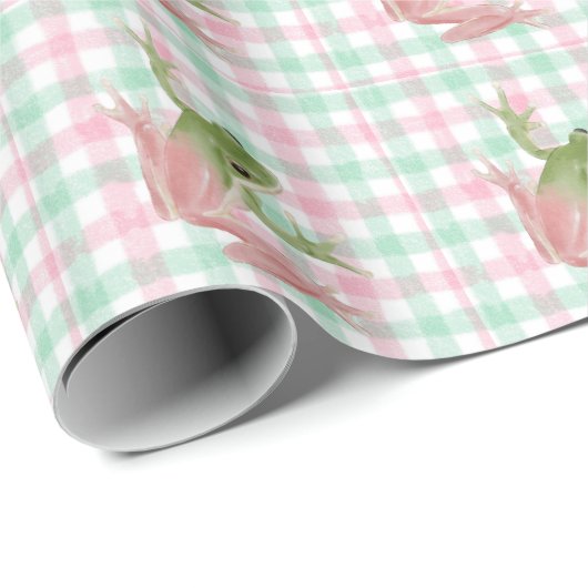 Pink Green Gingham Frosch Geschenkpapier (Rolleneckpunkt)