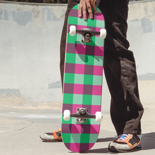 Pink Green Gingham Karo Design Skateboard