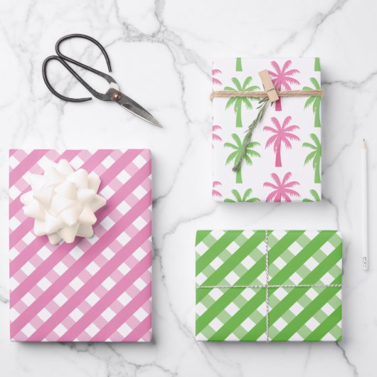 Pink & Green Gingham & Palm Trees Geschenkgutschei Geschenkpapier Set (Vorderseite)