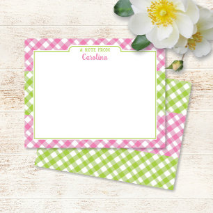 Pink Green Gingham Preppy Girly Stationery Mitteilungskarte