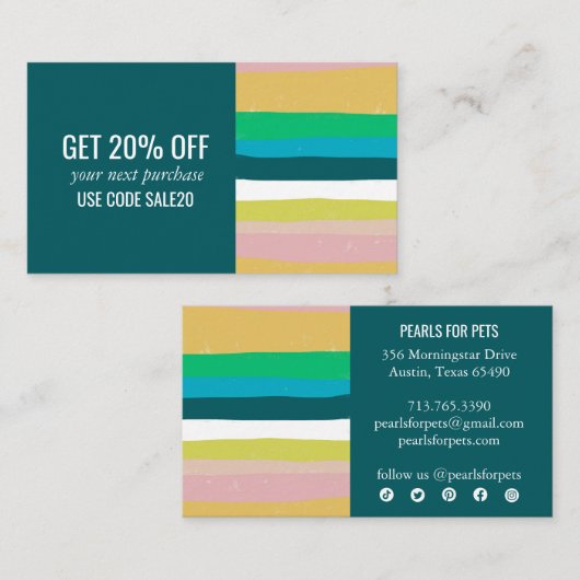 Pink Green Gold Minimalistisch Strips Handgefertig Rabattkarte (Vorne/Hinten)