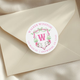 Pink & Green Golf Cart Monogram Wappen Runder Aufkleber