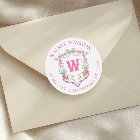Pink & Green Golf Cart Monogram Wappen Runder Aufkleber