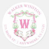 Pink & Green Golf Cart Monogram Wappen Runder Aufkleber (Vorderseite)