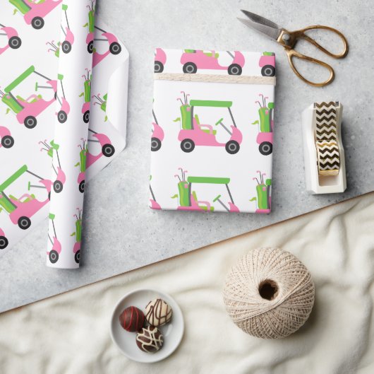 Pink & Green Golf Cart Wrapping Paper Geschenkpapier (Kunsthandwerk)