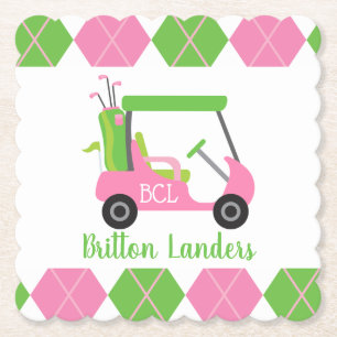 Pink & Green Golf Mit Monogramm Paper Untersetzer