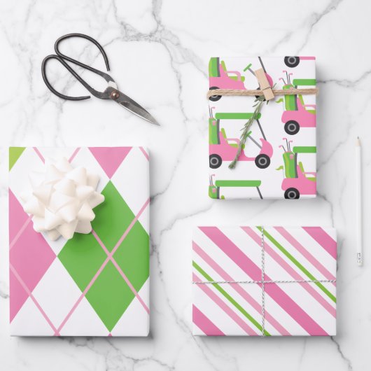 Pink & Green Golf Raute Streifen Geschenkblätter Geschenkpapier Set (Vorderseite)