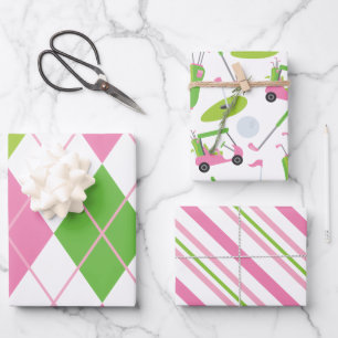 Pink & Green Golf Raute Streifen Geschenkblätter Geschenkpapier Set