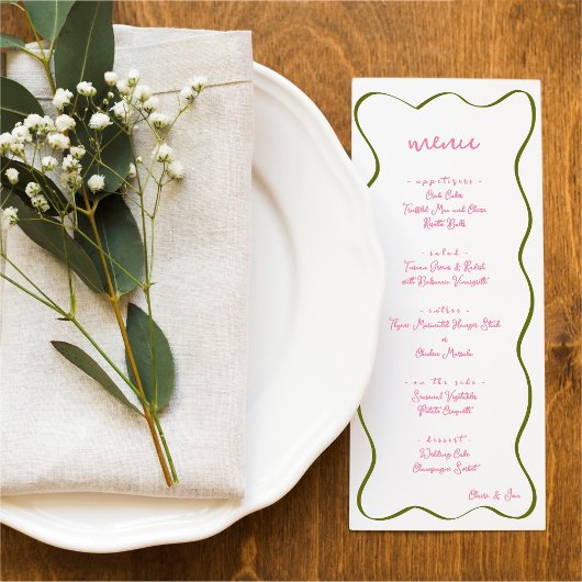 Pink & Green Hand Drawn Curvy Border Wedding Menu Menükarte