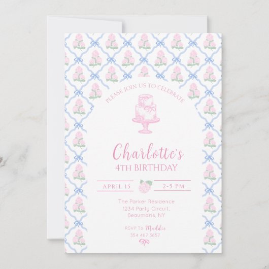 Pink Green Hydrangea Blue Bow Trellis Einladung (Vorderseite)