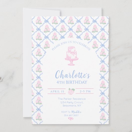 Pink Green Hydrangea Blue Bow Trellis Einladung (Vorderseite)