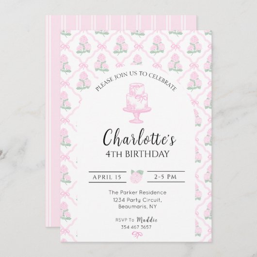 Pink & Green Hydrangea Trellis with Bows Einladung (Vorne/Hinten)