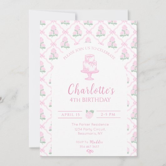 Pink & Green Hydrangea Trellis with Bows Einladung (Vorderseite)