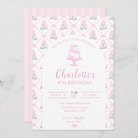 Pink & Green Hydrangea Trellis with Bows Einladung (Vorne/Hinten)