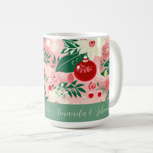 Pink Green Joy Liebe Peace Floral Weihnachten Tass Kaffeetasse (VorderseiteRechts)