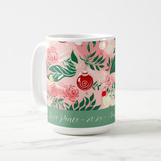 Pink Green Joy Liebe Peace Floral Weihnachten Tass Kaffeetasse (Vorderseite Links)