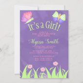 Pink Green Lila Butterflies Baby Girl Dusche Einladung (Vorderseite)
