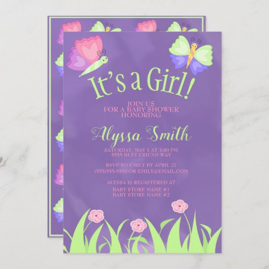 Pink Green Lila Butterflies Baby Girl Dusche Einladung (Vorne/Hinten)