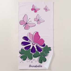 Pink Green Lila Doodle Blooms Schmetterlinge Name Strandtuch