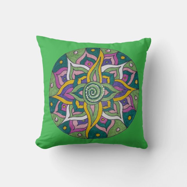Pink/Green Lotus Mandala Throw Pillow Kissen (Vorderseite)