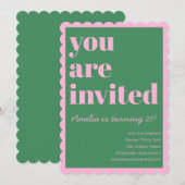 Pink Green Modern 21st Scalloped Birthday Party Einladung (Vorne/Hinten)