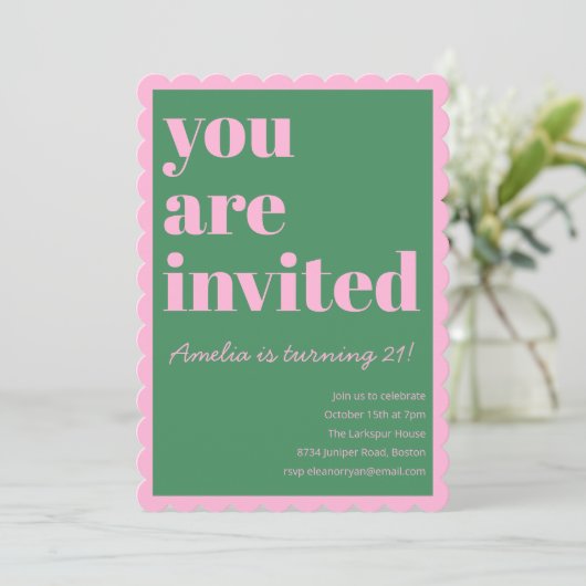 Pink Green Modern 21st Scalloped Birthday Party Einladung (Stehend Vorderseite)