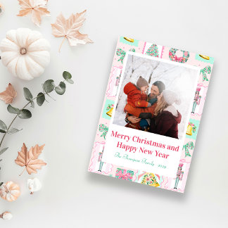 Pink & Green Nutcracker Custom Christmas Photo Feiertagspostkarte