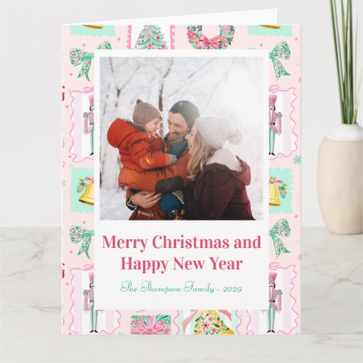 Pink & Green Nutcracker Custom Christmas Photo  Karte (Vorderseite)