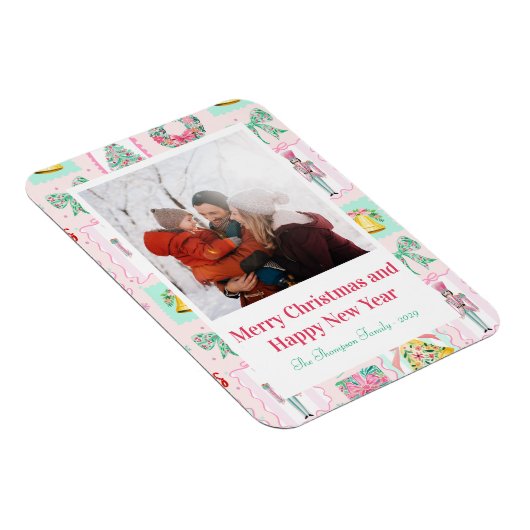 Pink & Green Nutcracker Custom Christmas Photo  Magnet (Rechte Seite)