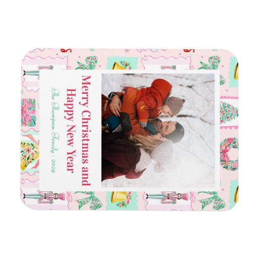 Pink & Green Nutcracker Custom Christmas Photo  Magnet (Horizontal)