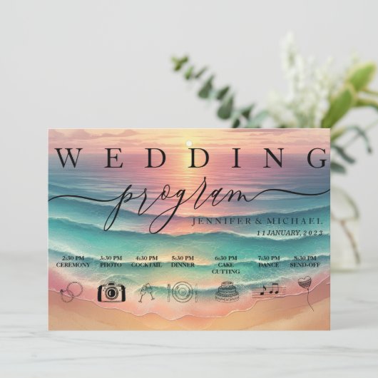 Pink Green Ocean Beach Aquarellfarben Schild Wed Programm (Stehend Vorderseite)