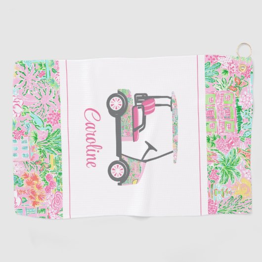Pink & Green Palm Beach Golf Cart Personalisiert Golfhandtuch (Horizontal)